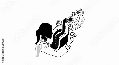 Silhouette of woman interacting with AI and data visualization with gears