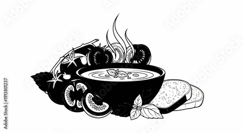 Steaming tomato soup with fresh basil and toasted bread slices