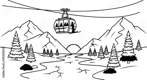 Ski lift gondola traverses a mountain landscape with snow-covered trees and sun