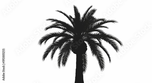 Silhouette of a solitary palm tree against a white background