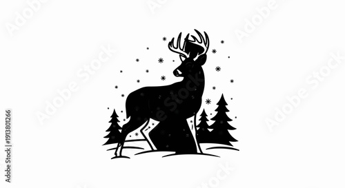 Silhouette of a stag with antlers standing in a snowy forest with trees