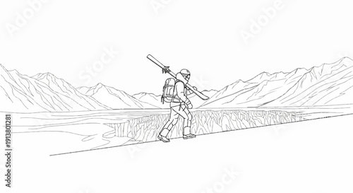 Skier with skis on shoulder walks across a vast glacial landscape with mountains