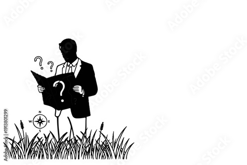 Silhouetted businessman in suit confused by map with question marks, compass nearby