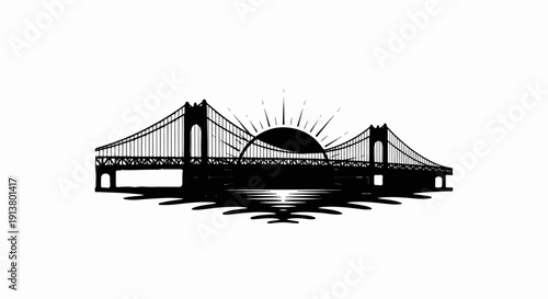 Silhouette of a suspension bridge at sunrise reflected in water