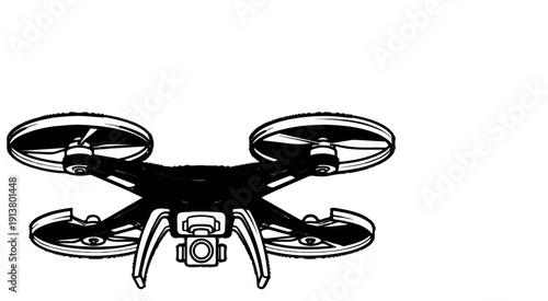 Sleek, modern quadcopter with camera, rendered in black and white line art