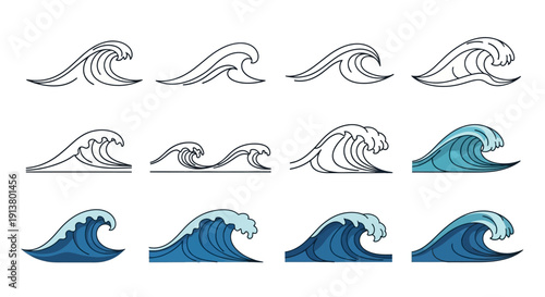 Ocean Wave Collection: Line Art and Blue Water Illustrations