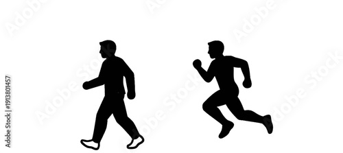 Silhouettes of a person walking and another person running side by side