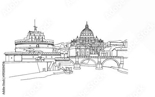 Striking black and white line art depicts historic Italian architecture along a river