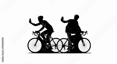 Silhouettes of cyclists on bikes, each holding a phone for a photo