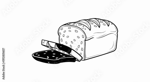 Sliced loaf of bread with visible seeds on white background