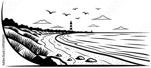 Striped lighthouse stands on a sandy beach with grass, rocks, birds, and waves