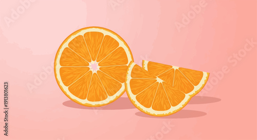 Sliced oranges on a light pink background with a subtle shadow