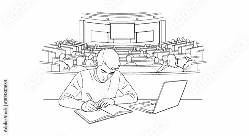 Student focused on writing in notebook, laptop beside, in lecture hall with audience