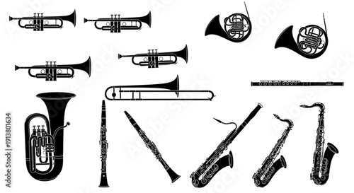 Collection of Musical Instruments Silhouette - Brass and Woodwind Instruments