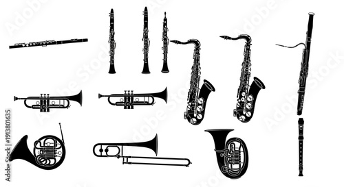 Musical Instruments Silhouette Collection: Brass and Woodwind Instruments