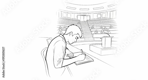 Student taking notes in a lecture hall with tiered seating and a podium