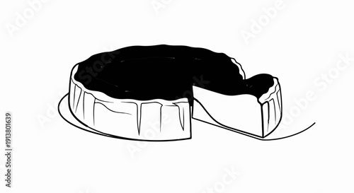 Simple sketch of a black-frosted cake with a slice removed