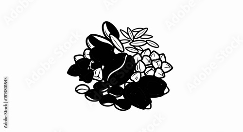 Simple black and white illustration of mixed nuts and dried fruit