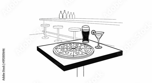 Sliced pizza and drinks sit on a table with stools and bottles at a bar