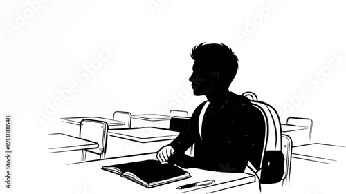 Student in classroom with backpack and open notebook, looking away