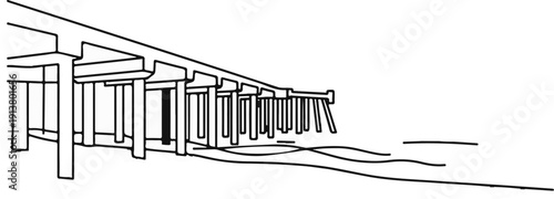 Simple black and white line drawing of a pier structure over water
