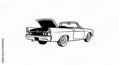 Stylized black and white line drawing of a vintage convertible with open trunk