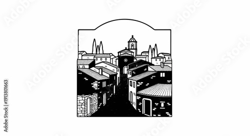 Stylized black and white illustration of a European town with arched frame