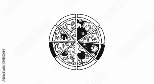 Sliced pizza with mushrooms and peppers, outlined and shaded