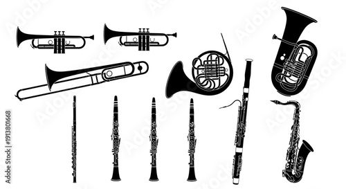 Collection of Musical Instruments Silhouette: Brass and Woodwind Icons