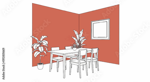 Simple sketch of a dining room with plants and a framed picture