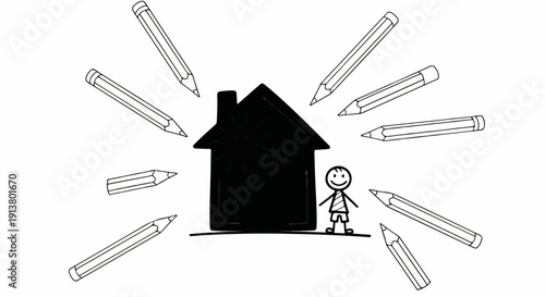 Simple sketch of a child standing next to a dark house surrounded by pencils