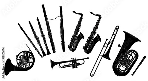 Orchestral Instruments Silhouette Collection: Brass, Woodwind, and Wind Instruments