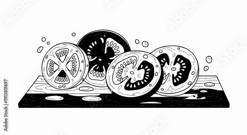 Sliced tomatoes on a cutting board with drips and air bubbles