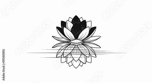 Stylized black and white lotus flower reflected in water