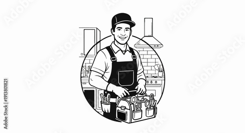 Smiling handyman in cap and overalls with tools in kitchen