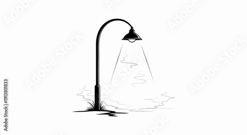 Stylized black and white illustration of a lamppost with light rays and wavy lines