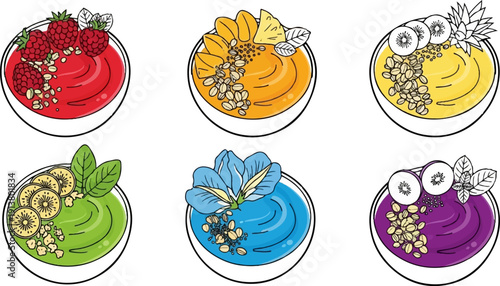 Six colorful bowls with healthy smoothie toppings like fruit and granola