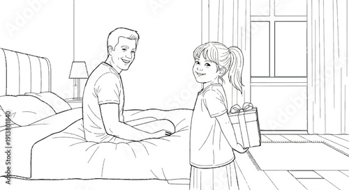 Smiling father in bed receives a surprise gift from his daughter