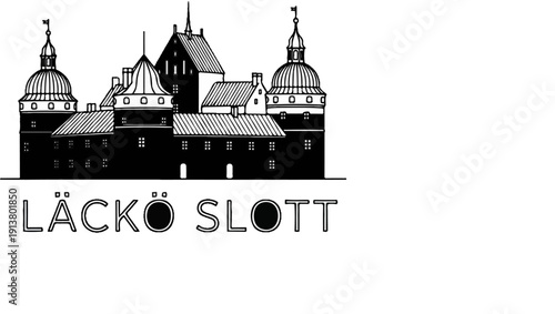 Stylized black and white illustration of a large castle with text below