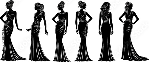 Six elegant women in flowing gowns, showcasing diverse hairstyles and poses