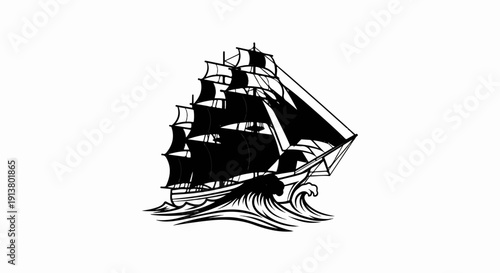 Stylized black and white illustration of a majestic tall ship sailing through rough seas