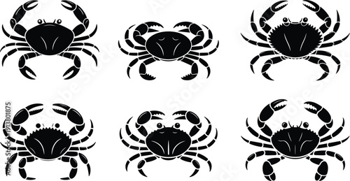 Crab silhouettes vector collection seafood crustacean marine black icons set isolated white background illustration animal bundle