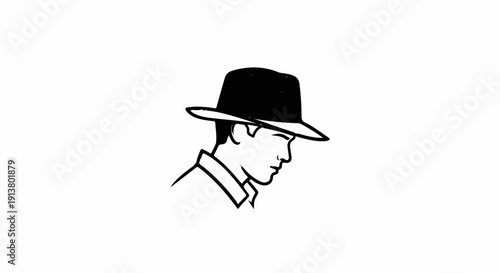 Stylized black and white illustration of a man wearing a fedora hat