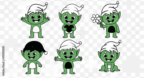 Six playful green cartoon characters with pointed ears and hats in various poses