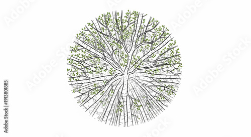 Stylized aerial view of a vibrant tree with branching limbs and green leaves