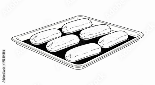 Six plain éclairs arranged on a baking tray with a textured surface