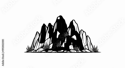 Stylized black and white mountain range with sparse desert plants