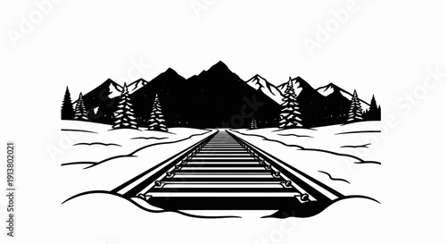 Snowy mountain landscape with railroad tracks stretching into the distance