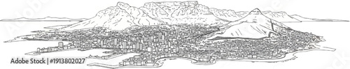 Sketch of a city nestled against a backdrop of majestic mountains and a calm body of water