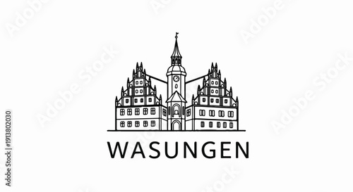 Stylized black and white outline of a historic building with text below